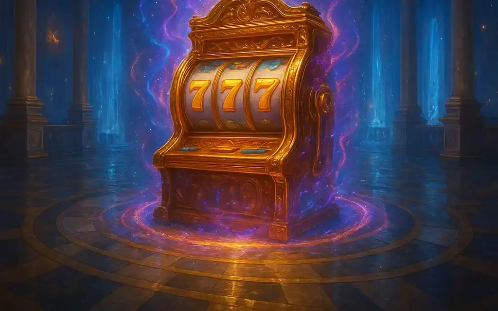 Enchanted golden slot machine and floating playing cards inside the 24Magic grand hall