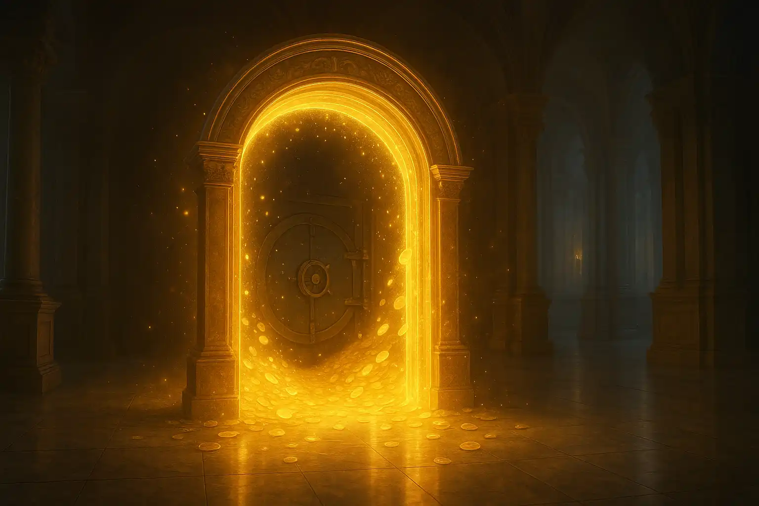 A glowing golden gateway representing instant Pay n Play banking at 24Magic Casino