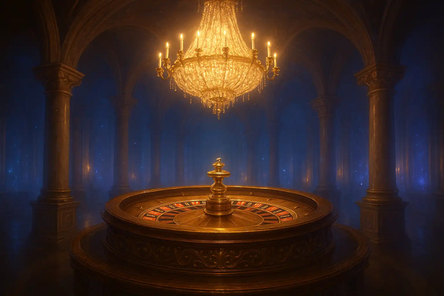A golden roulette wheel spinning beneath a crystal chandelier in the 24Magic enchanted hall