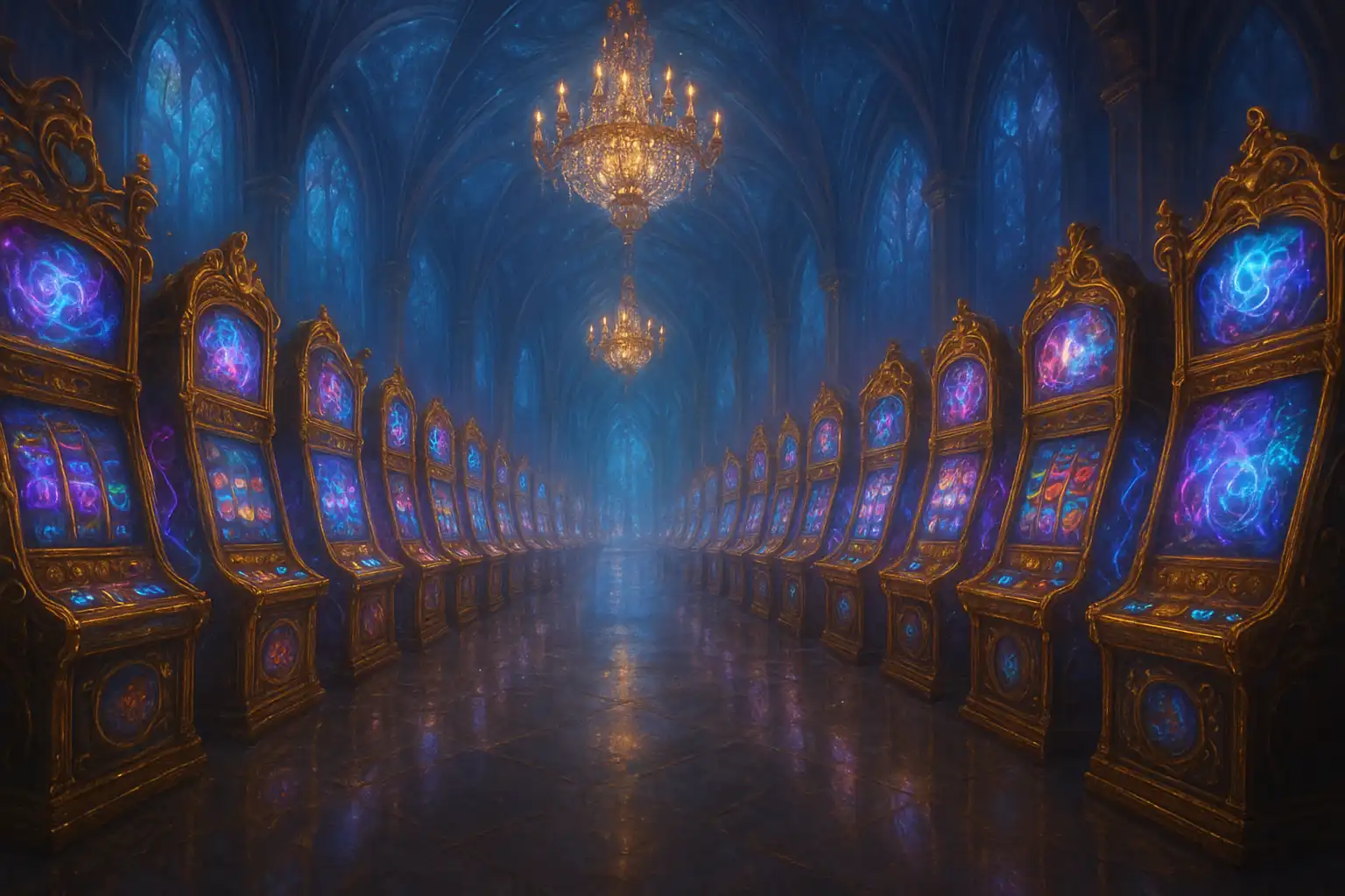 Golden slot machines glowing with arcane energy inside the 24Magic enchanted hall
